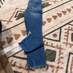 MOTHER Blue Frayed Hem Flare Jeans